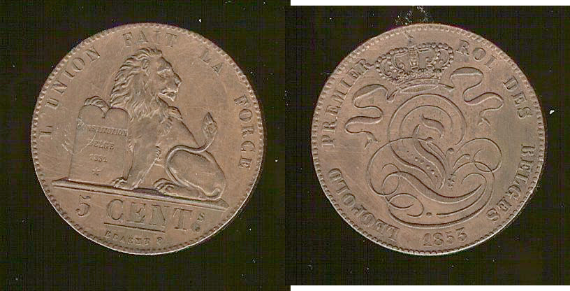 BELGIQUE 5 Centimes monograme de Léopold couronné / lion 1853 SU